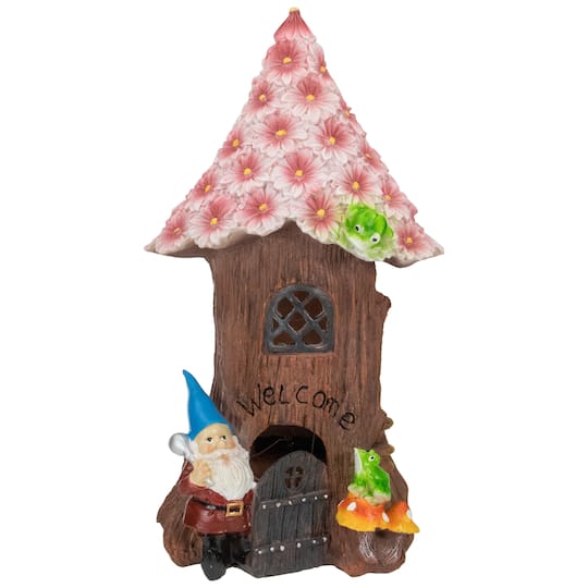 14&#x22; Solar Lighted Bless Our Home Gnome Tree House Outdoor Garden Statue